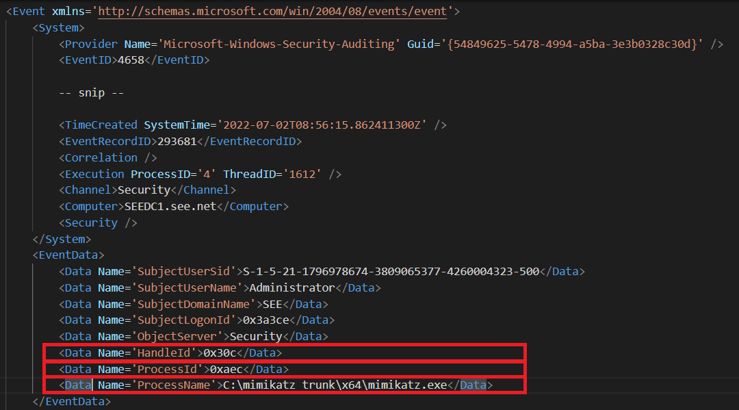 Fig 9: Fifth Log - Event ID 4658 generated after Mimikatz's sekurlsa::wdigest command