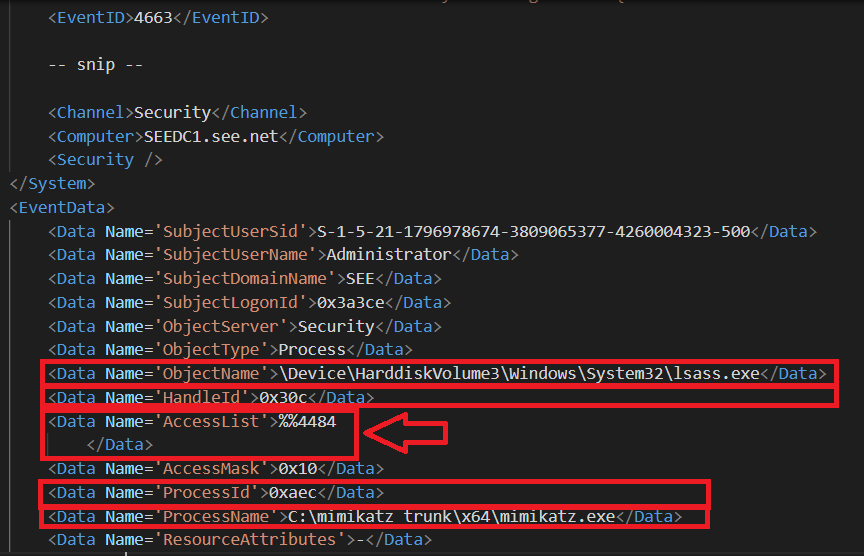 Fig 8: Fourth Log - Event ID 4663 generated after Mimikatz's sekurlsa::wdigest command